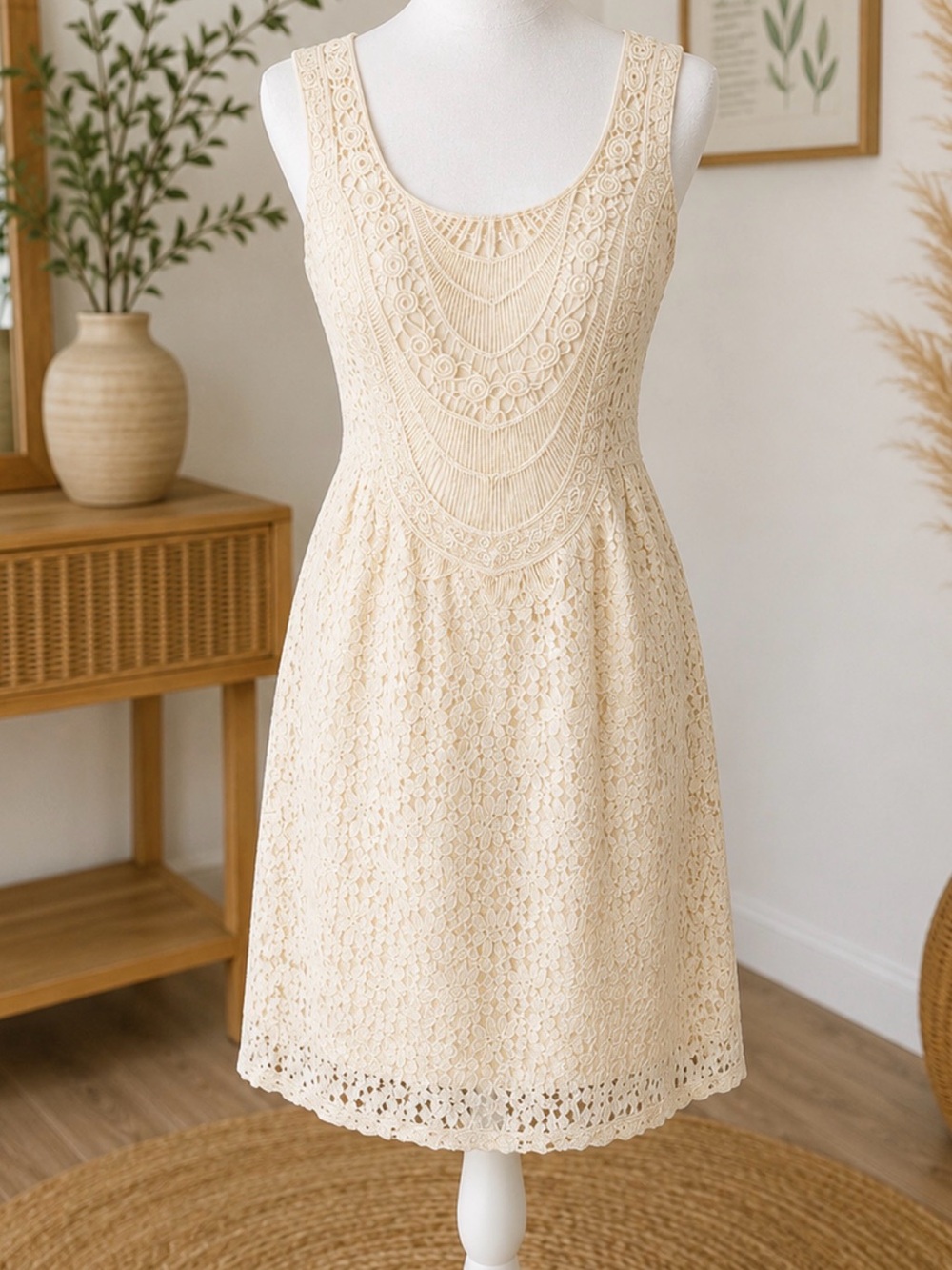 LOFT Cream Crochet Sleeveless Mini Dress
